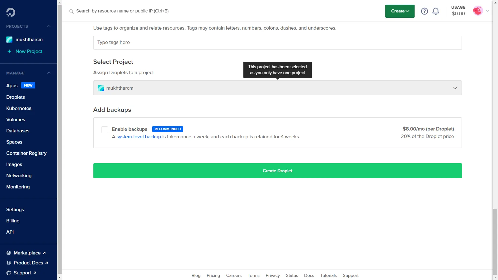 Click on create droplet