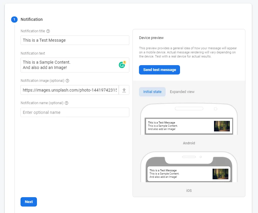 Filled the Notification Fields